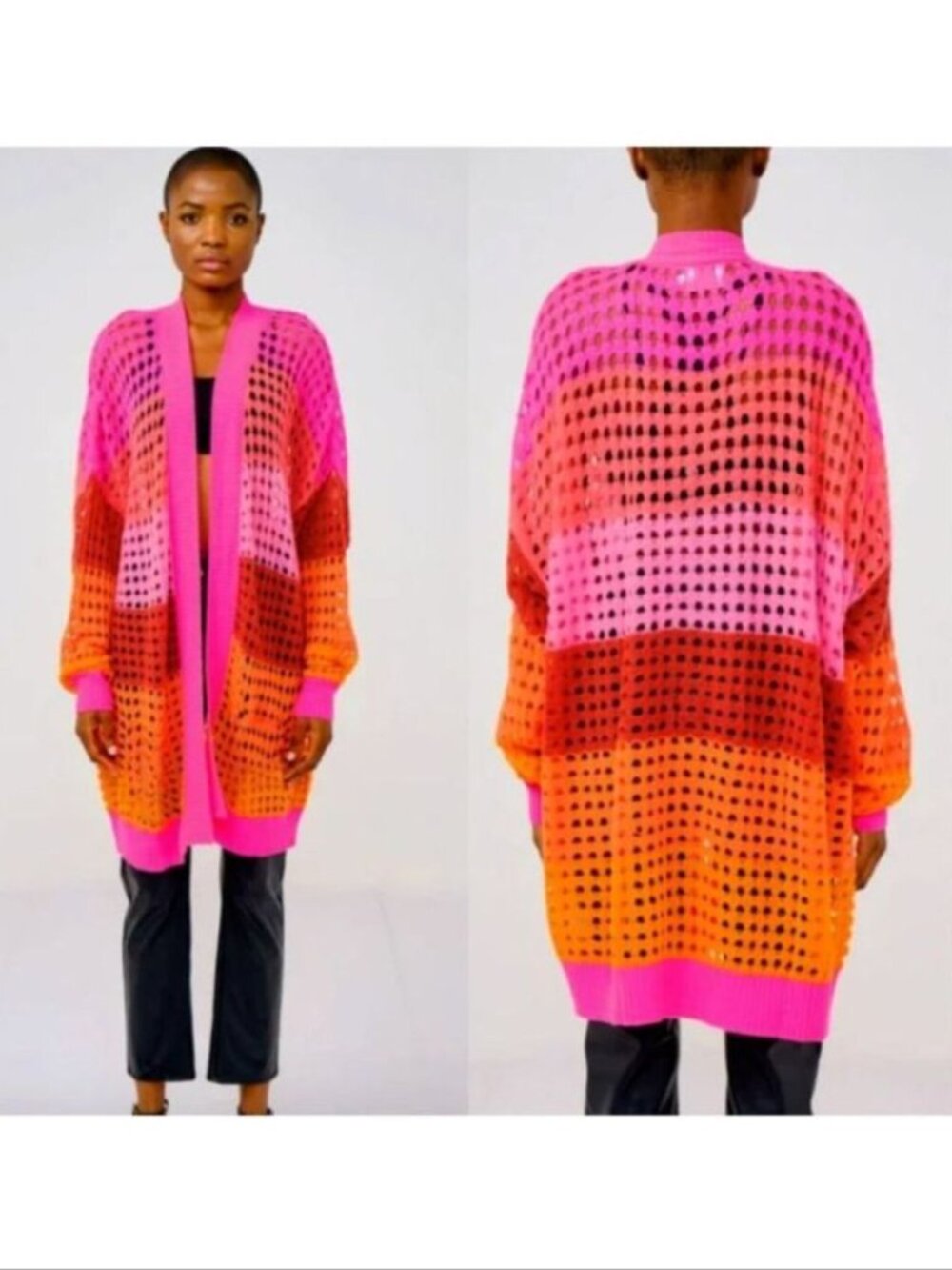 BRODIE CASHMERE Sunset Pointelle Knit Stripe CARDIGAN M L Neon Pink NEW $398
